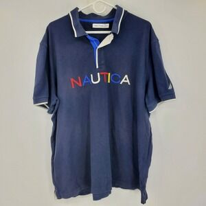 Nautica Spell Out XXL Navy Blue Short Sleeve Embroidered Yacht Pique Polo‎ Shirt